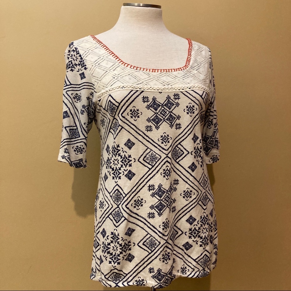 LUCKY BRAND navy, white, + orange top